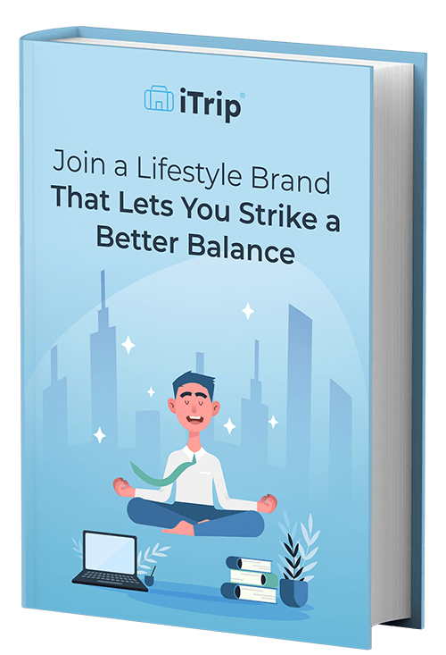 Cover of a book titled "Join a Lifestyle Brand That Lets You Strike a Better Balance" by iTrip, featuring an illustration of a person meditating, with a laptop, books, and plant nearby.