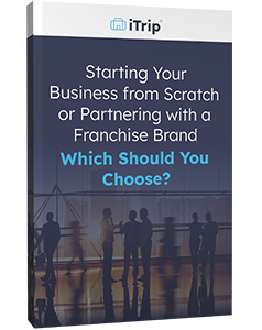Book cover titled "Starting Your Business from Scratch or Franchising with iTrip: Which Should You Choose?" featuring silhouettes of business people and highlighting the short-term rental property management industry.