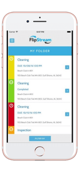 A smartphone displaying a "FlipStream" app screen showing a list of tasks, including cleaning and inspection, with dates, times, and addresses.